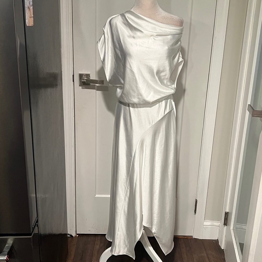 A.L.C. Jasmine Asymmetric Hem Satin Midi-Dress Size 10 NWT - Picture 3 of 6